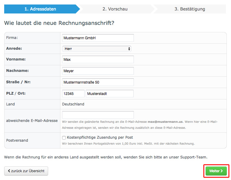 Änderung der Rechnungsanschrift Echter Service checkdomain