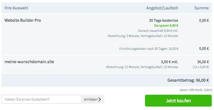 Bestellseite mit zwei Positionen: Website Builder Pro und meine-wunschdomain.site; Gutscheinfeld und Jetzt kaufen-Button.