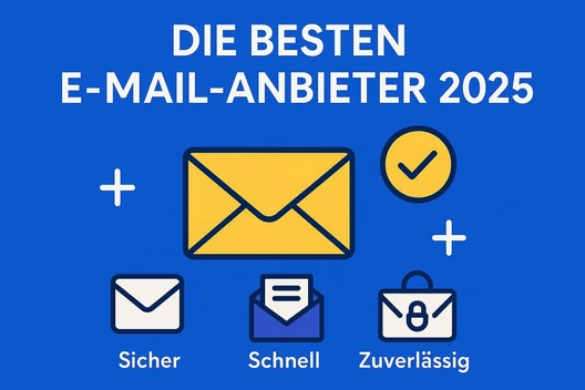 Blauer Hintergrund, zentraler gelber Briefumschlag; drei Symbole unten: Sicher, Schnell, Zuverlässig.